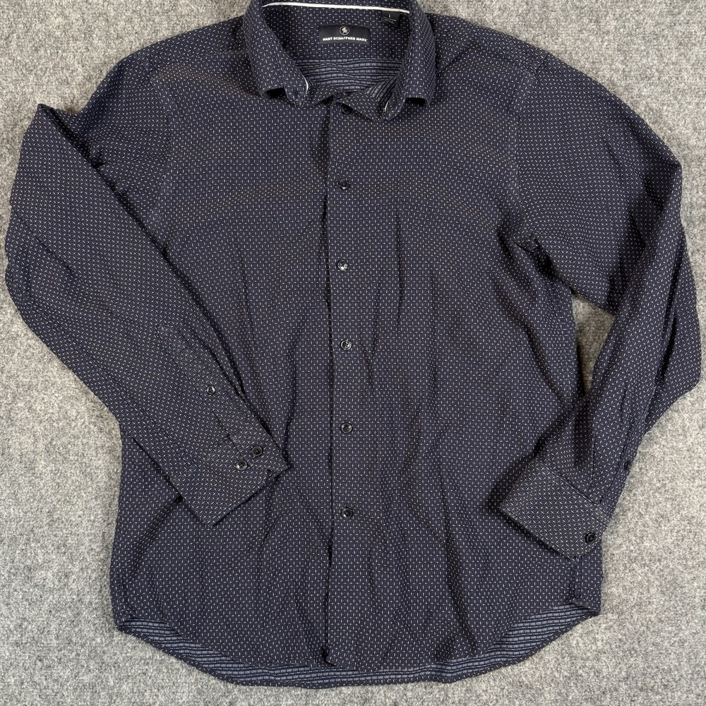 👔 Hart Schaffner Marx Mens Large Button Up Shirt Navy Blue White Micro Print